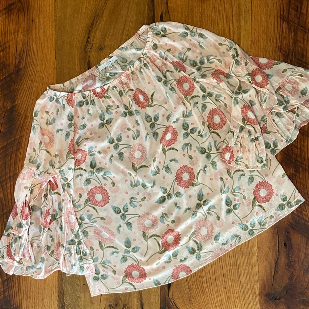 Fever Floral Print Boho Top in Soft Pinks & Greens, Special Sleeve Details, XL